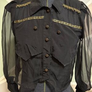 80’s Black Sheer Embroidered Button-Front Blouse
